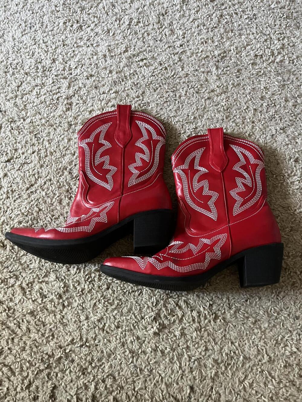 Red Ankle Cowgirl Boots with White Stitching